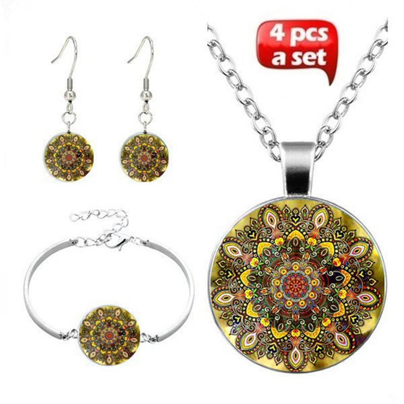 Accessories, Geometric Round Jewelry Three-Piece Set, Mandala Time Gem Necklace, Stud Earrings Bracelet