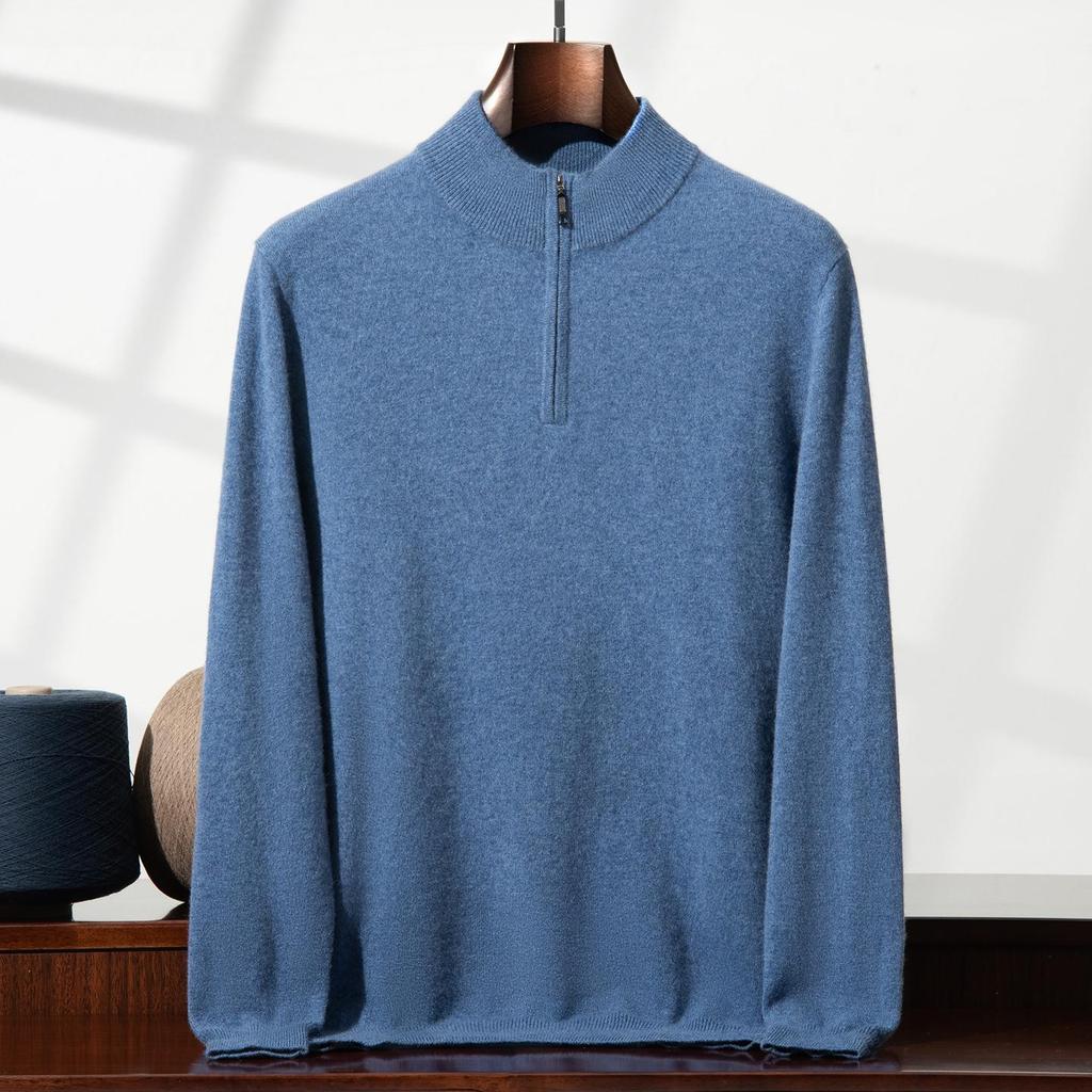 Eleganter Herren-Halbreißverschluss-Kaschmirpullover, einfarbige Strickware mit Stehkragen, Business Casual Pullover