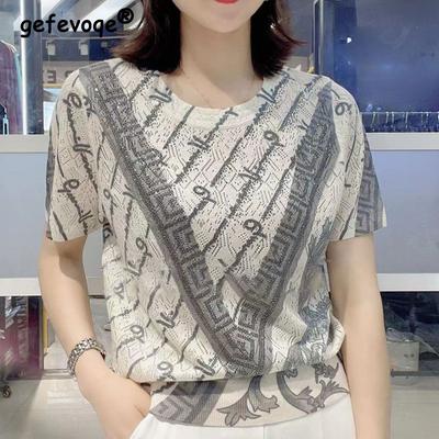 Dámské oblečení Letní móda Potisk kamínky Elegantní trička Ležérní Kulatý výstřih Krátký rukáv Volný Pulovry Top Camisetas