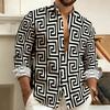 Men's Long-Sleeved Polo Shirt, Vintage Print Style with Greek Key Pattern, Elegant, Comfortable, and Stylish Men's Top