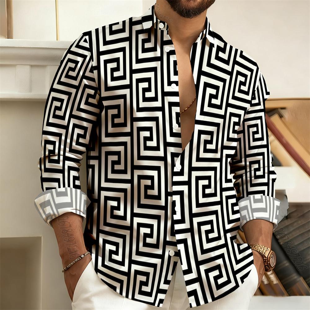 Men's Long-Sleeved Polo Shirt, Vintage Print Style with Greek Key Pattern, Elegant, Comfortable, and Stylish Men's Top