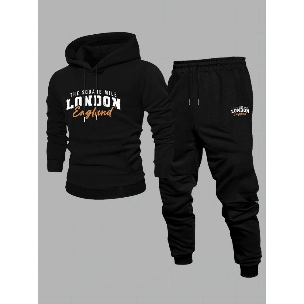 Men'S Two Piece Casual Hoodie Set with Drawstring, Suitable for Autumn And Winter, Featuring a Loose Fitting Top And Matching Sweatpants