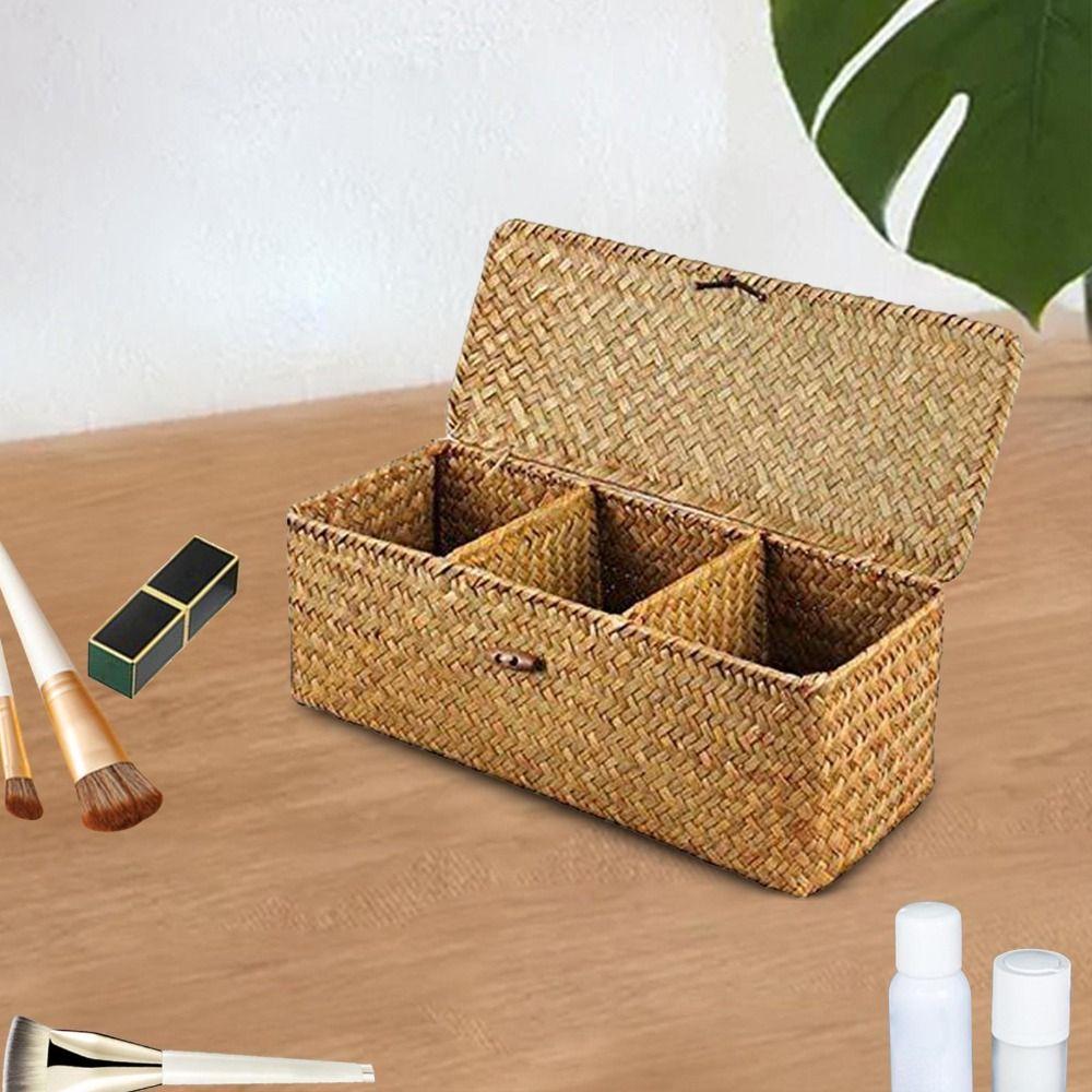 Ručně pletený 3 přihrádkový úložný koš Prachotěsný ratanový dělicí úložný box Kosmetika