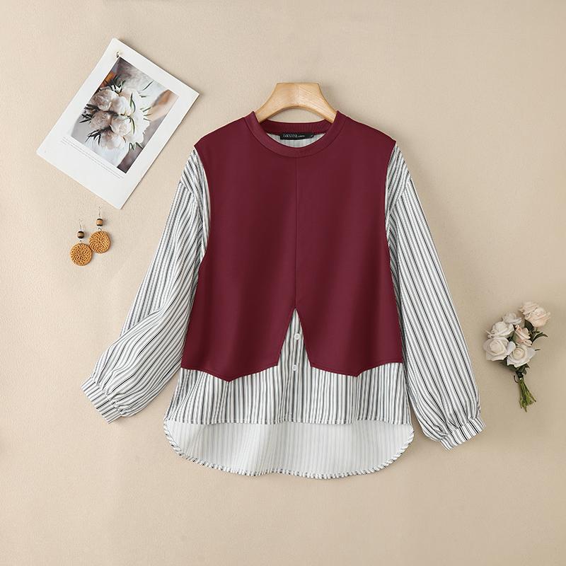 ZANZEA Women Casual Stripe Patchwork Long Sleeve Loose Pullover Blouse