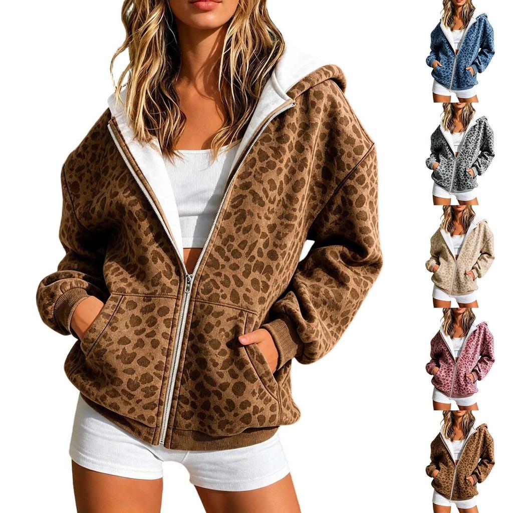 Damen Casual Kapuzen-Reißverschlussjacke mit Leopardenmuster für den Alltag