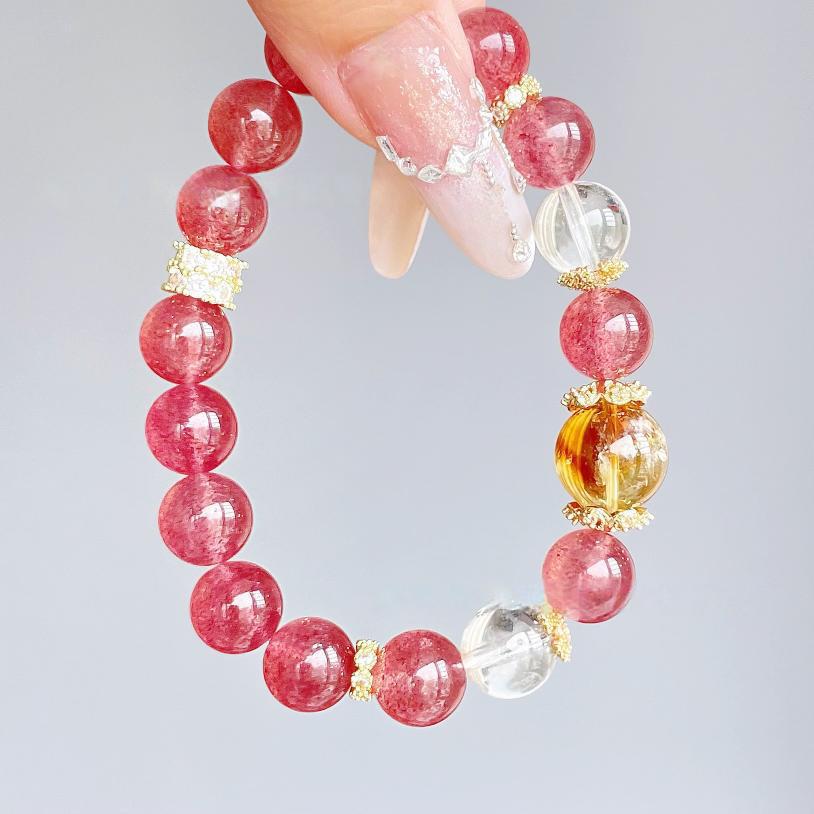 Natural Collectible Grade Strawberry Quartz10mm Women's Bracelet with Yellow Crystal Beads, Original Design
