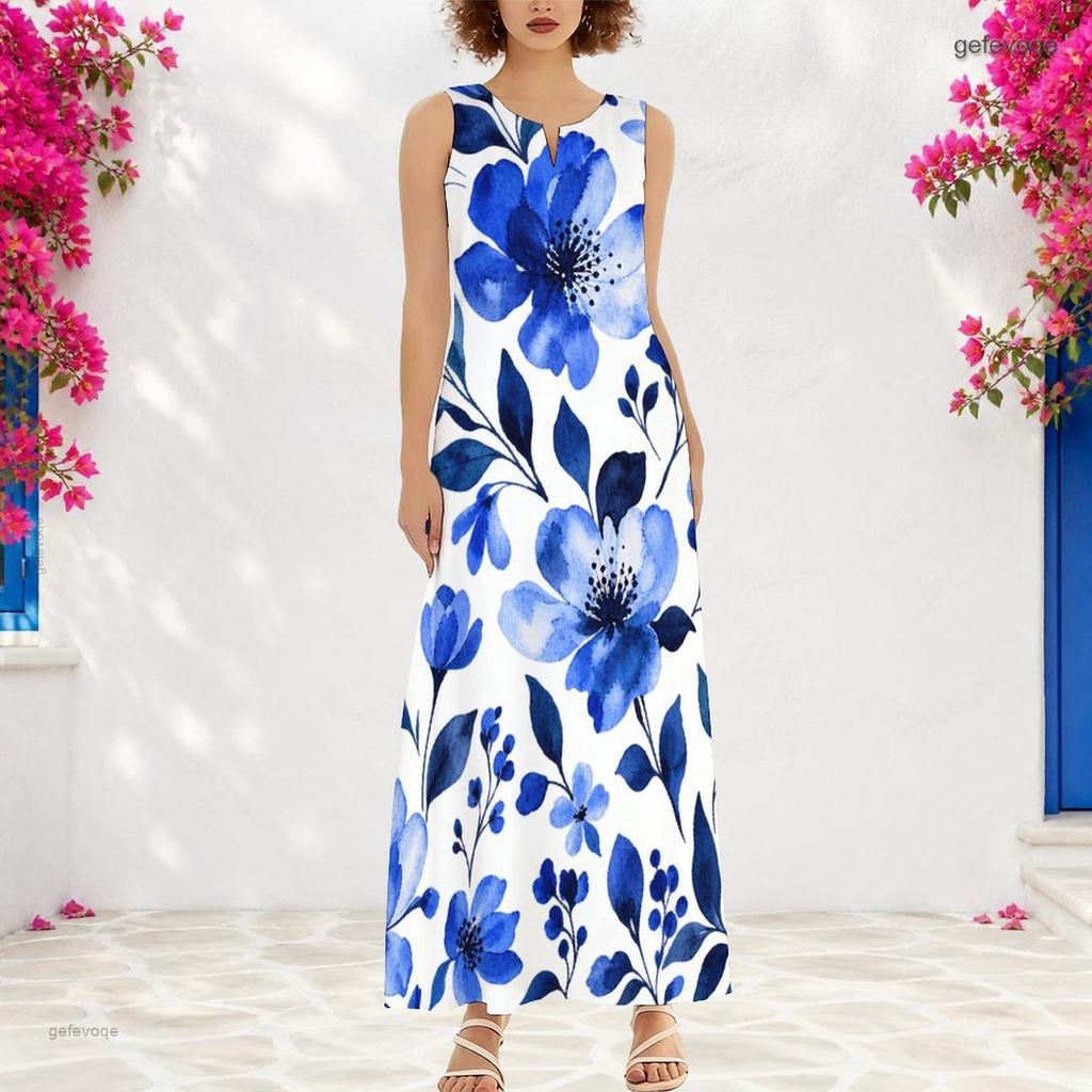 Women Plus Size Notch Neck Sleeveless Floral Printed A Line Long Dress With Side Pockets