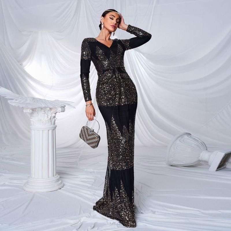 

Long-Sleeved V-Neck Sexy Long Sequined Evening Dress for Banquets, Weddings, Birthdays, Bridesmaid Dresses, Party Dress Black S