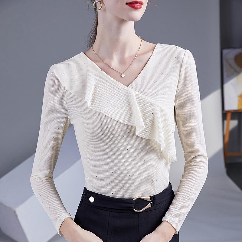 

2025 Весна/Осень Женский облегающий топ с V-образным вырезом и оборками для танцев 3XL