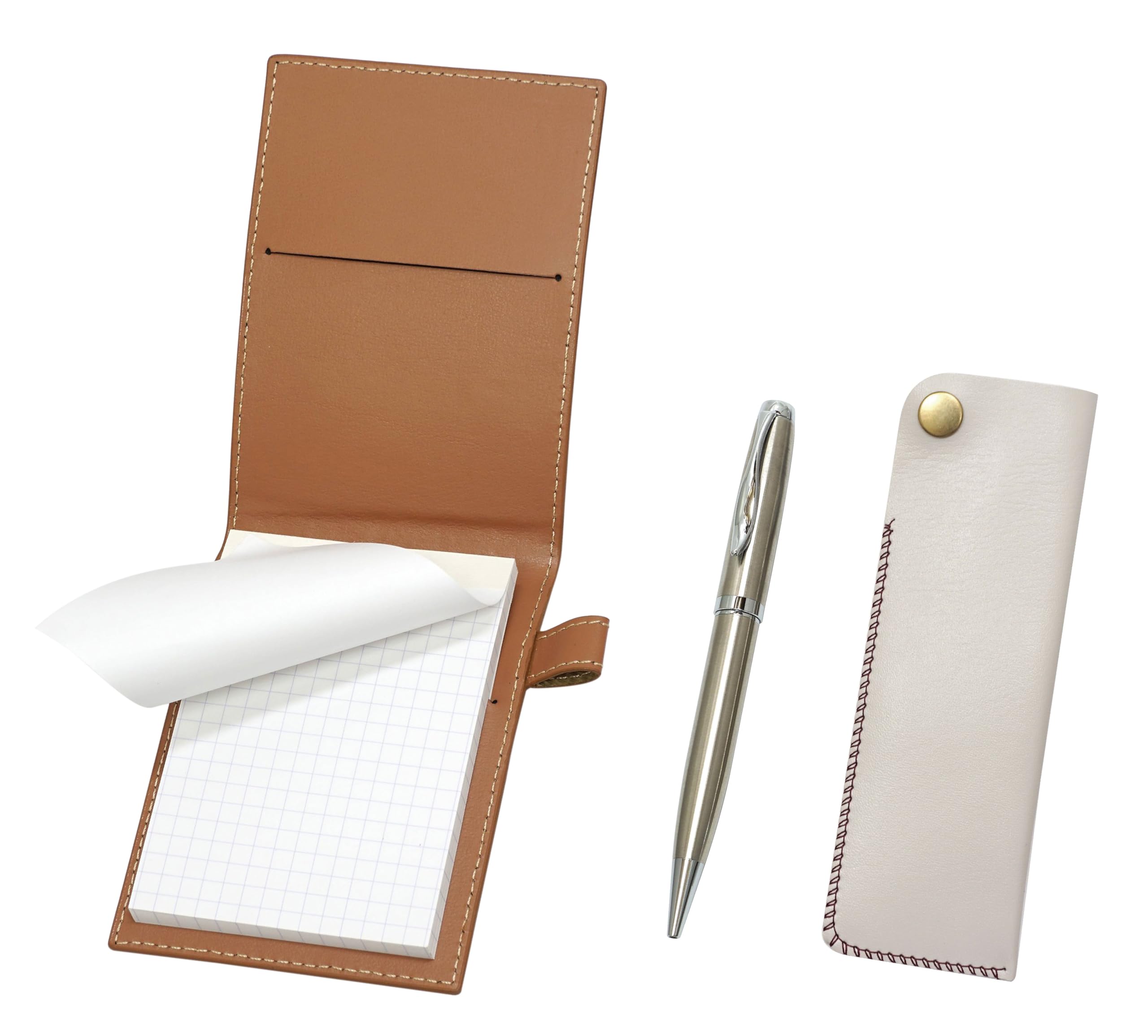 

Мини-обложка для блокнота из переработанной коровьей кожи цвета мокко с белым пеналом и элегантным набором серебристых вращающихся шариковых ручек на липучке (LS022PM-NK01W-LF01CB)
