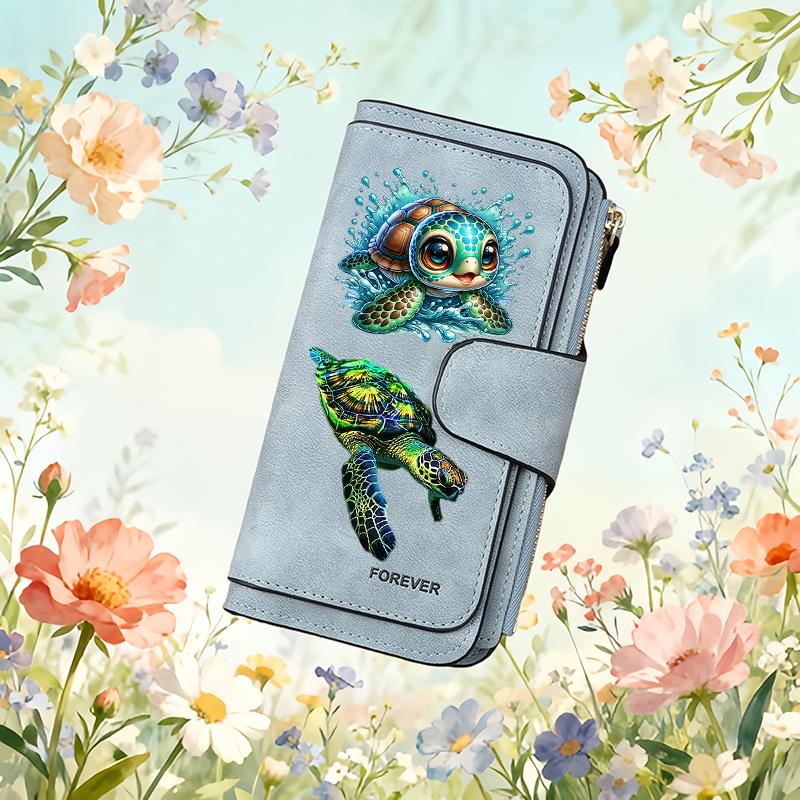 Gift for Women Turtle Print Long Zipper Wallet Tri Fold Card Holder with Multiple Card Slots Cash ID Credit Card Organizer Cute Purse Clutch for