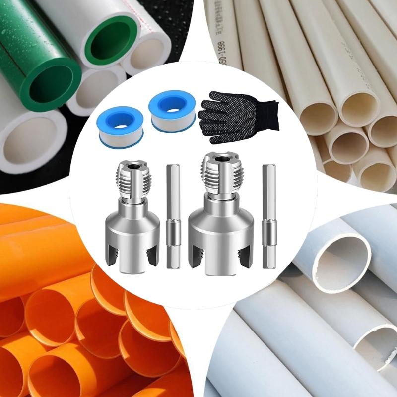 Pipe Threader Set 4 Point 6 Point Carbon Steel Threading Tool with Gloves and PTFE Tape for Plumbing Installation