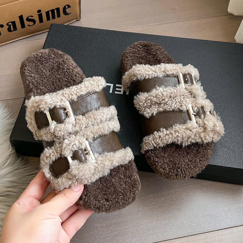 

Версия из овчины, ретро черные нескользящие пушистые тапочки на толстой подошве для женской уличной обуви, новинка осени и зимы 2025 года, универсальные, увеличивающие рост 40 темно-коричневого