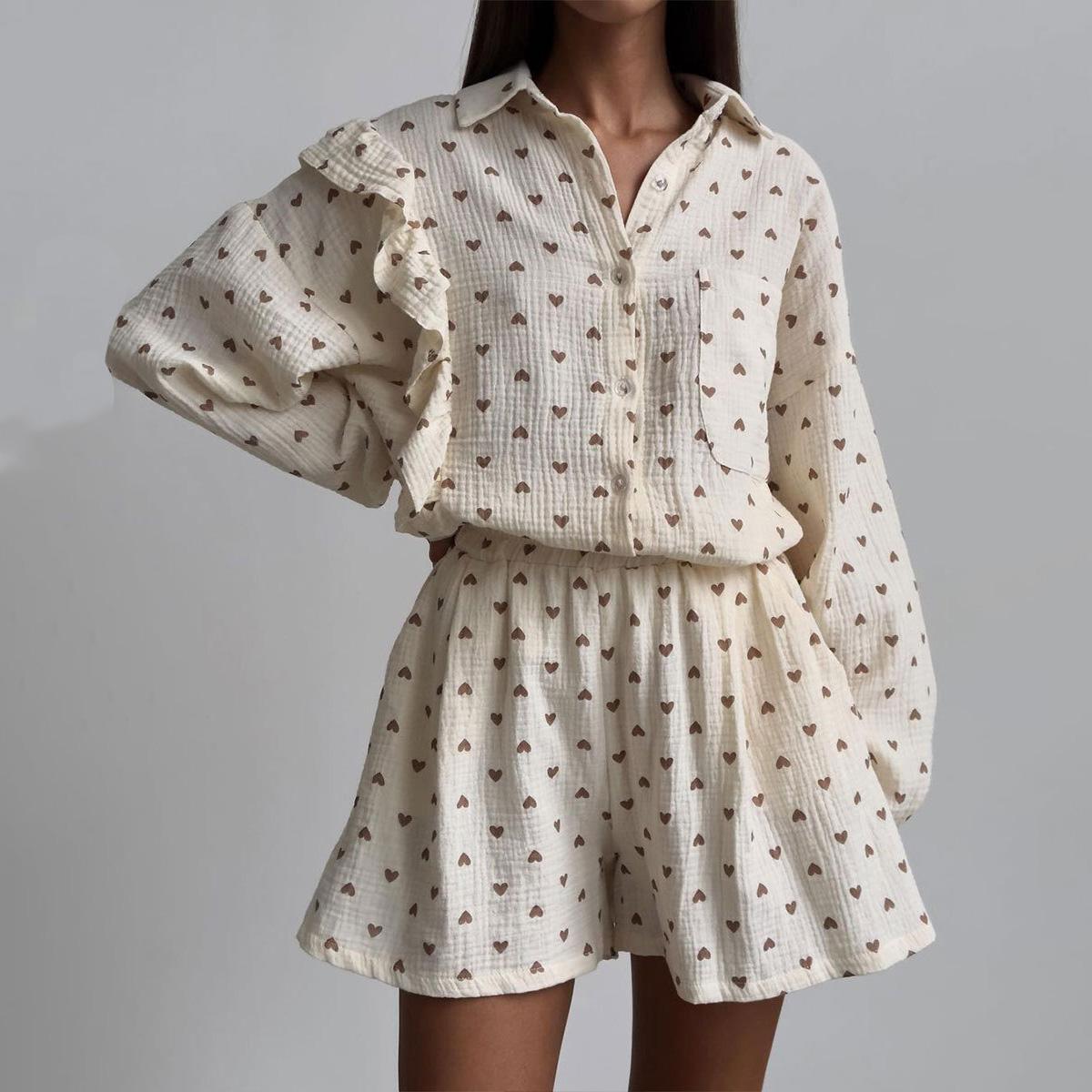 

Жіноча сорочка з довгим рукавом зі зморшкуватою лацканою із завищеною талією Шорти зі шнурком Великий комплект Модні костюми S