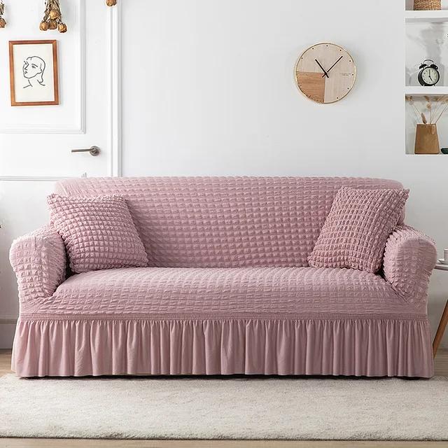Pink Plaid Seersucker Skirt Elastic Stretch Sofa Cover for Living Room 1 2 3 4 Seat Armchair Cover L Shape Couch Covers for Sofa