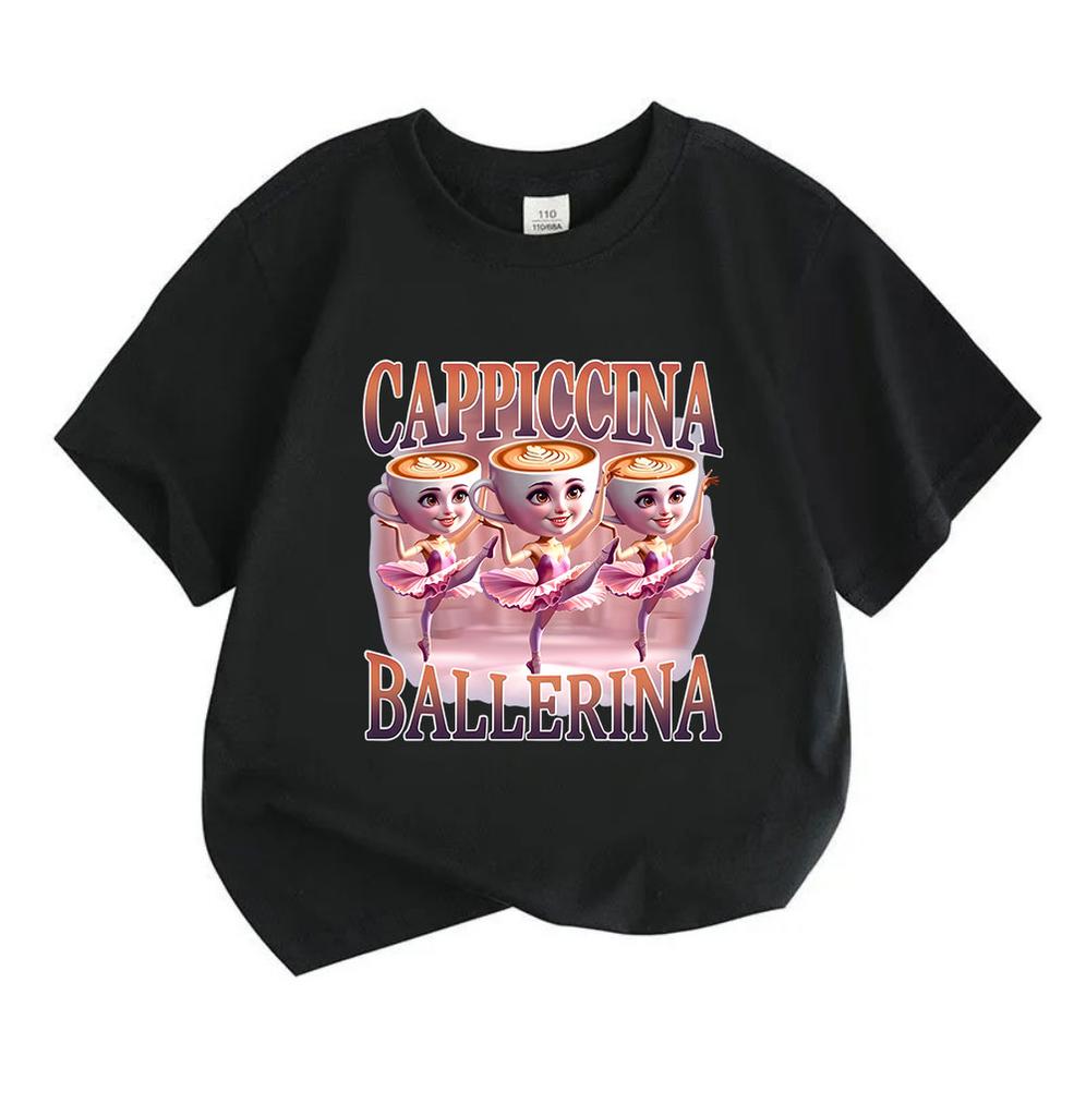 Kids Boys Girls 100% Cotton Crew Neck Short Sleeve T-Shirt, Funny Cappiccina Ballerina Coffee Cartoon Print Casual Soft Tee Tops for Daily Wear