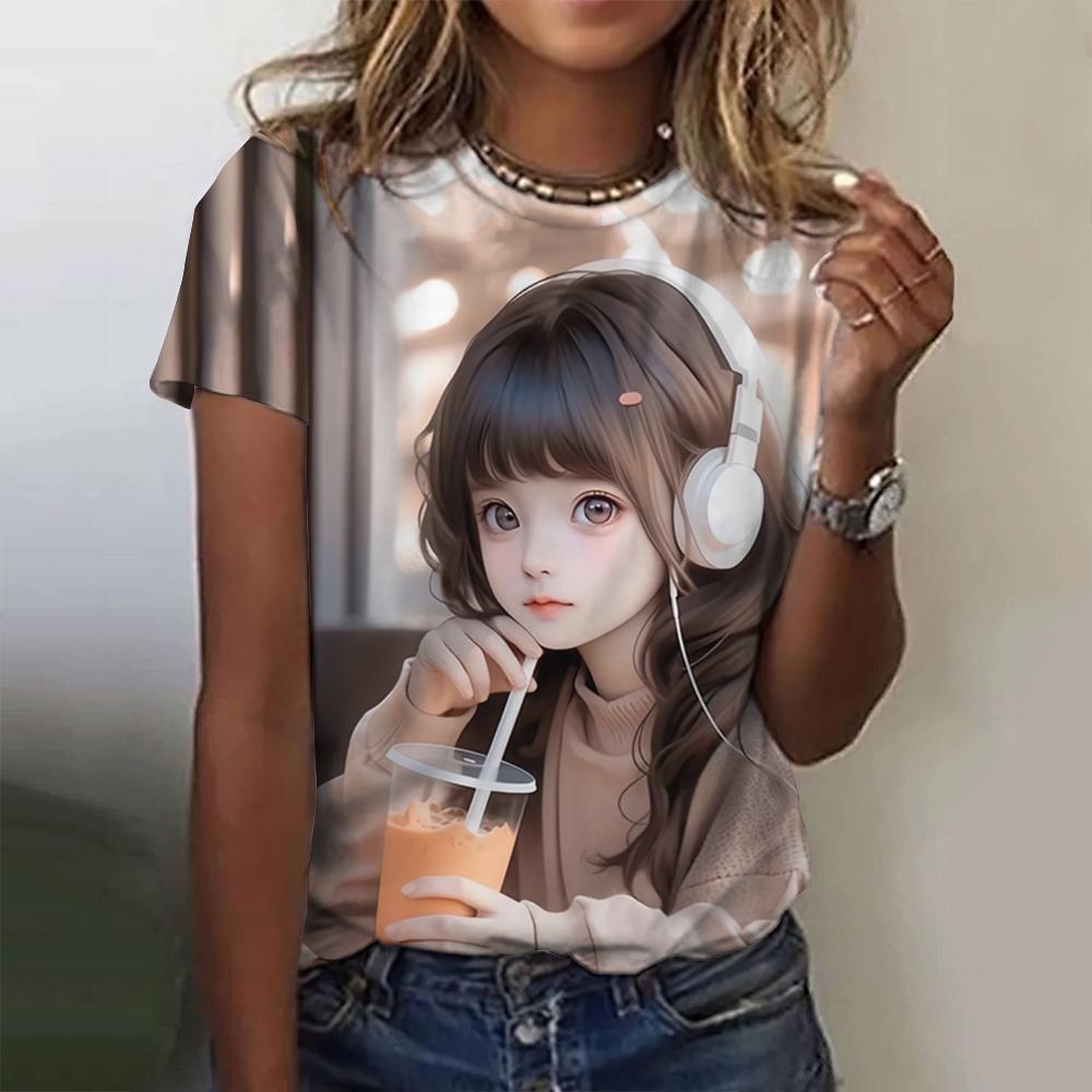 Stampa Cartone Animato Bambina Carina T-shirt da Donna Estate Nuove Maniche Corte T-shirt Moda Larga Street Scollo a O Abbigliamento Donna Top