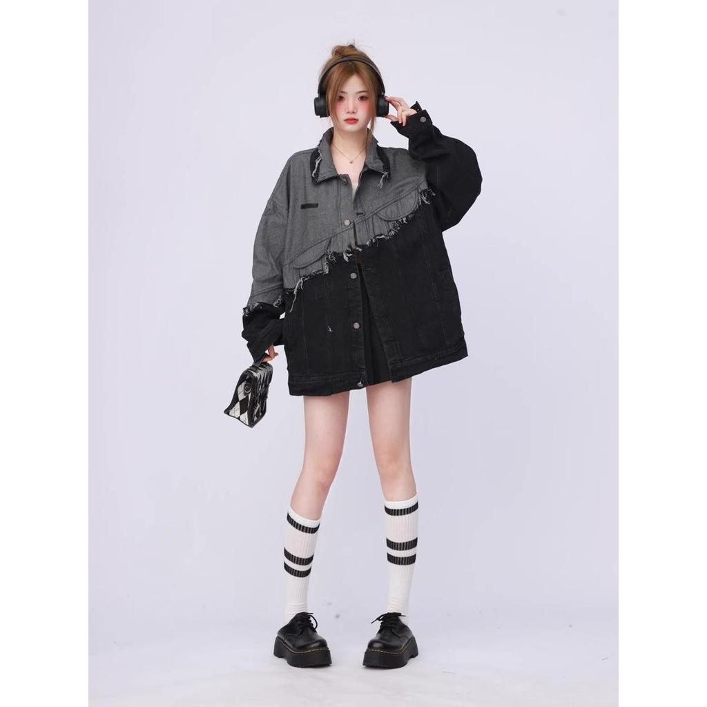 Unisex Schwarze Denim Patchwork Jacke - Lässiger Retro-Stil für Frühling/Herbst 2026
