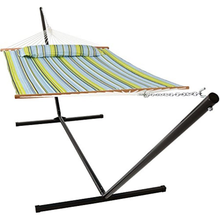 Outdoor Quilted Double Hammock with 15-Foot Stand in Blue and Green for 2 People - 400-Pound Capacity - Durable Polyester Fabri