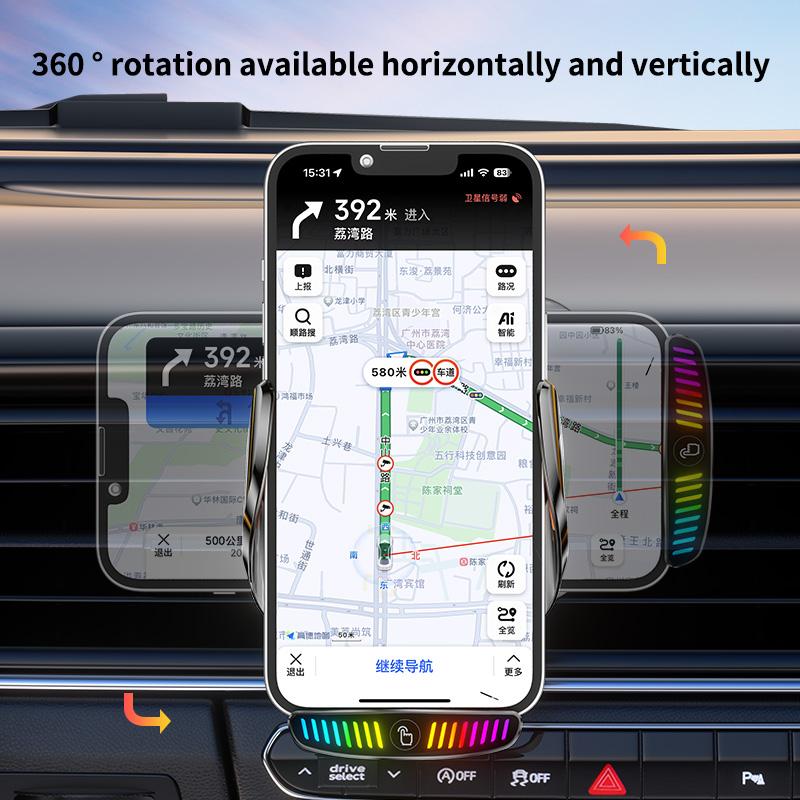 M9S lumière de ramassage 66W charge rapide conception de circuit transparent support de téléphone portable à chargement sans fil pour voiture fournitures pour voiture