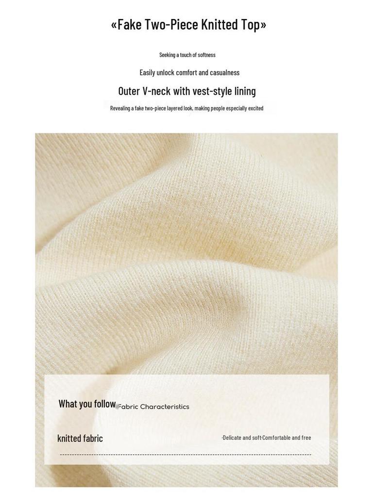 Women's Fake Two-Piece Color-Blocked Knit Long-Sleeve Top