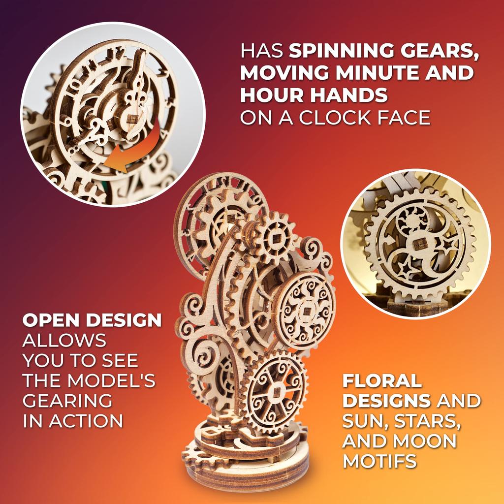 Ugears Steampunk Clock Wooden Puzzle Craft Model No Glue or Tools Required Beginner Level Kids and Adults - - -