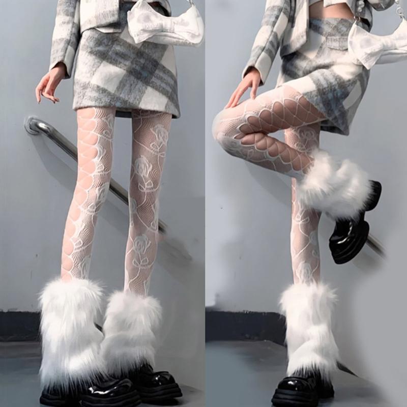 Women's Fuzzy Faux Furs Leg Warmers Furs Heels Long Boots Cuffs Cover One Pair Carnivals Boot Cover Y2K JK Uniform Socks