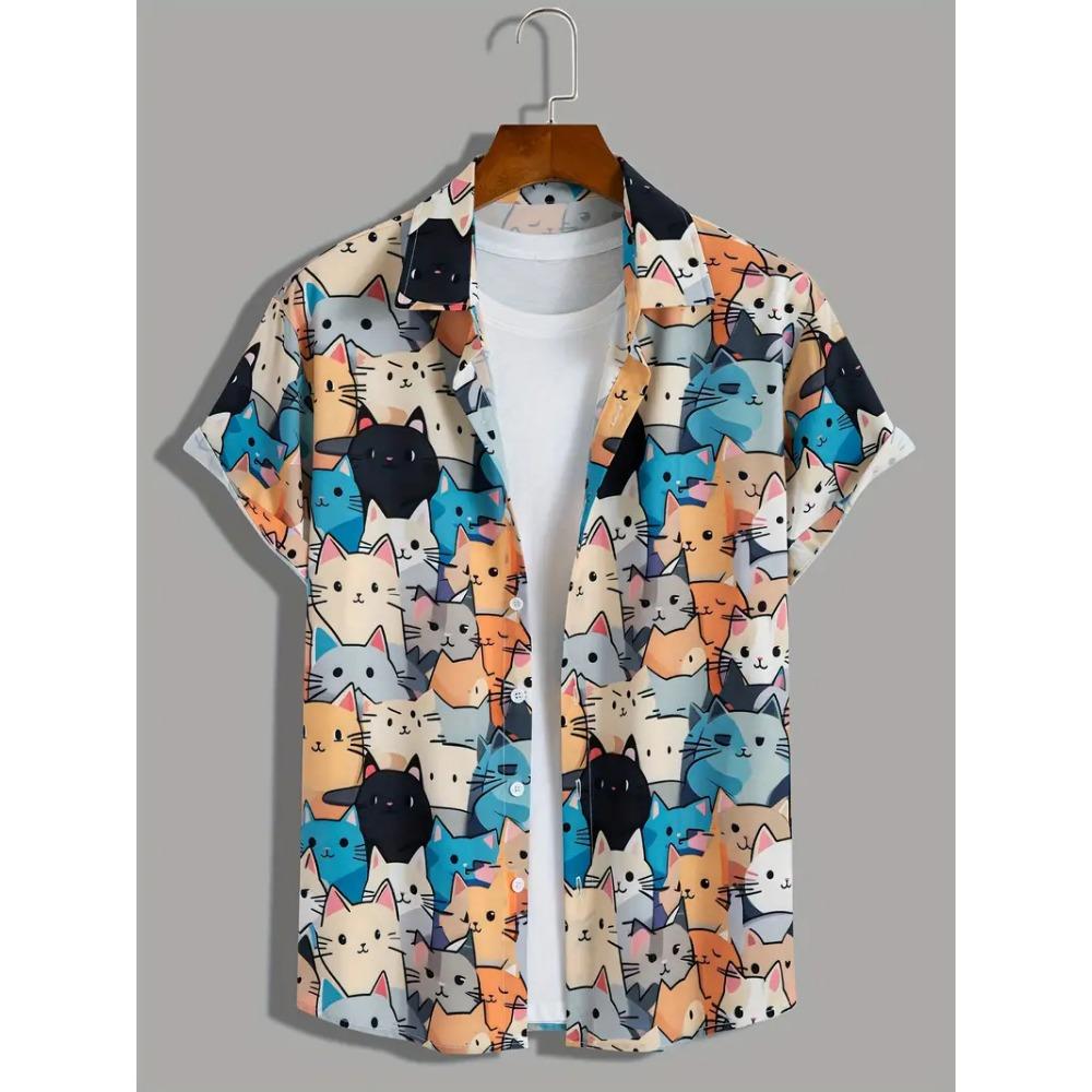 Cute Cat Fun Printed Short-sleeved Men s Shirt Summer Daily Fashion Short-sleeved Women s Shirt S