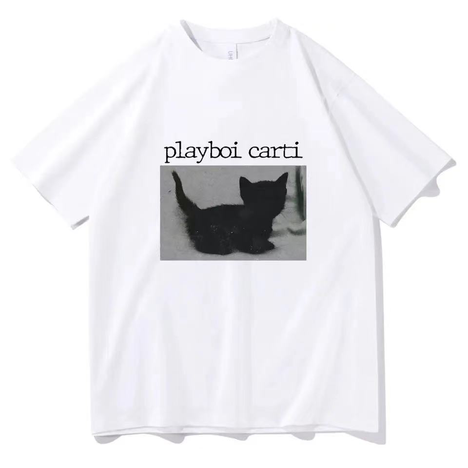 Playboi Carti oversized hip-hopová trička Roztomilá kočka Harajuku Print Tričko Regular Pánské topy Kvalitní rapperské tričko