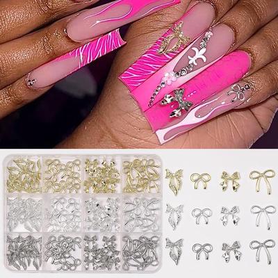 12 Grids Silver Hollow Bow Nail Art Decorations for Girls