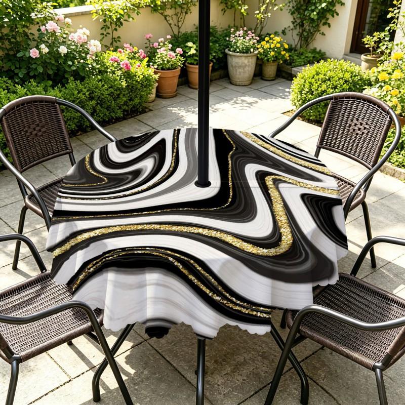 Outdoor Round Tablecloth With Umbrella Hole Waterproof Oil-Resistant Patio Dining Cover Deck Garden Terrace