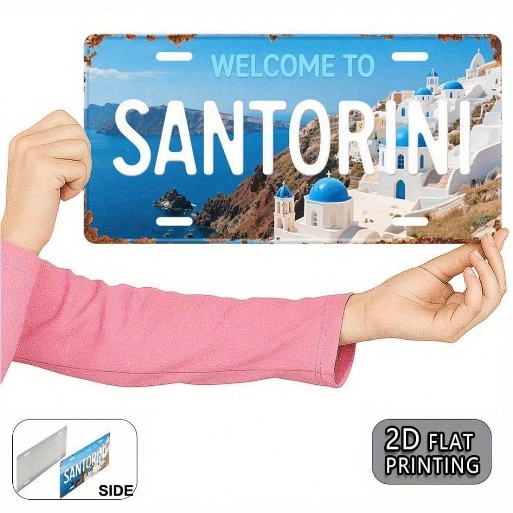 Santorini Vintage Kennzeichen 5,9x11,8 Zoll Griechische Inseln Stil Aluminium Auto Schild für Auto SUV LKW, Wunschkennzeichen, Geschenk für Reisende Heimdekoration