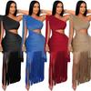 C7428 European and American Women's Fashion One-Shoulder Tassel Long Dress