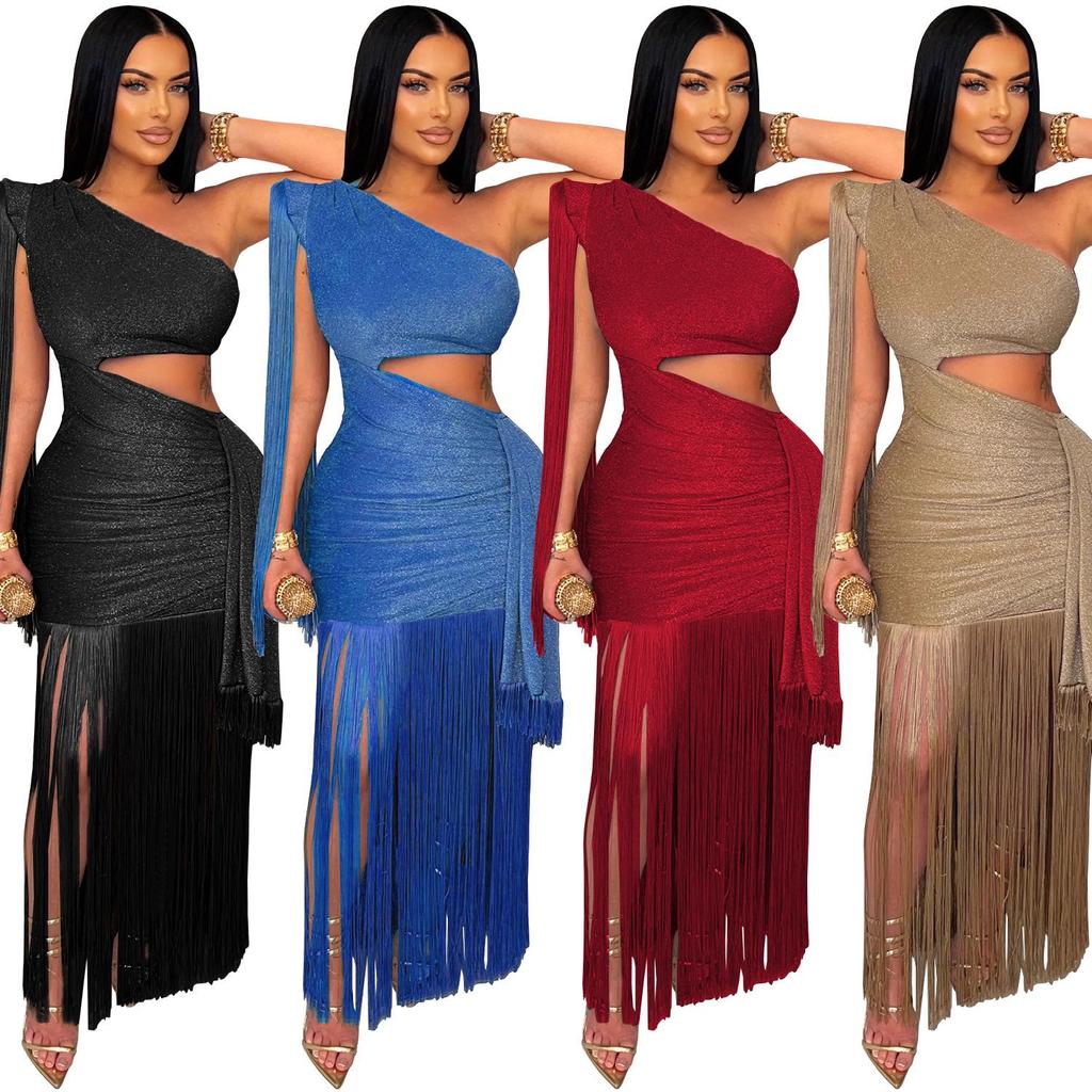C7428 European and American Women's Fashion One-Shoulder Tassel Long Dress