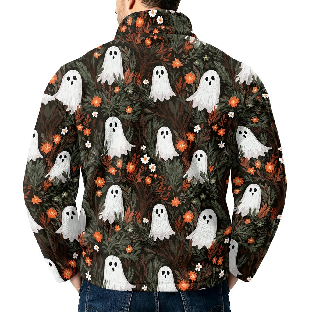 Men's Halloween Print Flannel Zip-Up Sweatshirt, Plus Size Stand Collar Casual Fall Winter Top