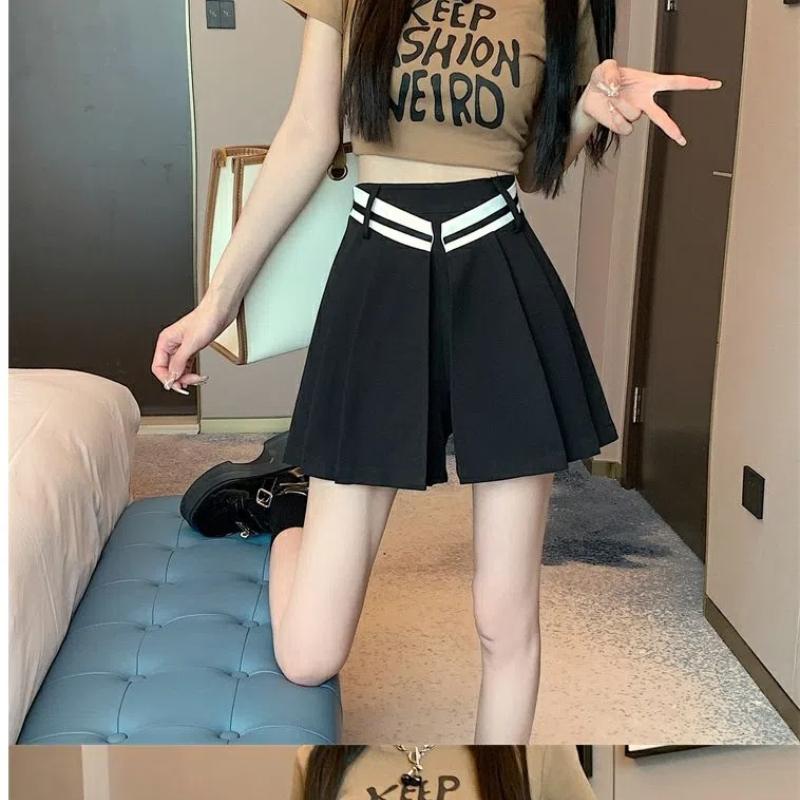 Mode Lässig Hohe Taille Locker Weites Bein A-Linie Rockshorts Koreanisch Sommer Kurze Röcke Damen Unregelmäßig Plissiert Reißverschluss Patchwork Kurz