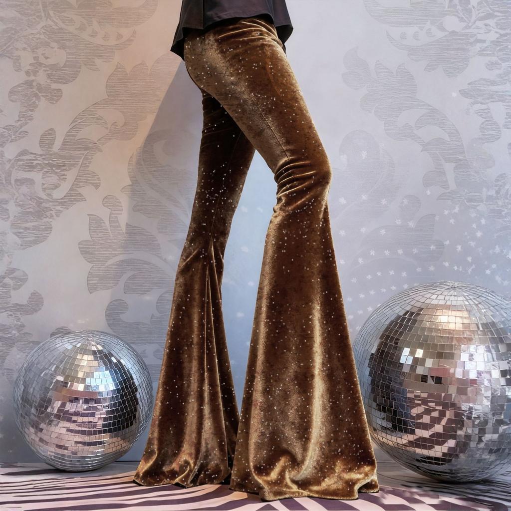 Women's Fashionable Color Vintage Velvet Flare Pants High Waist Stretchy Pant Casual Bell Bottom