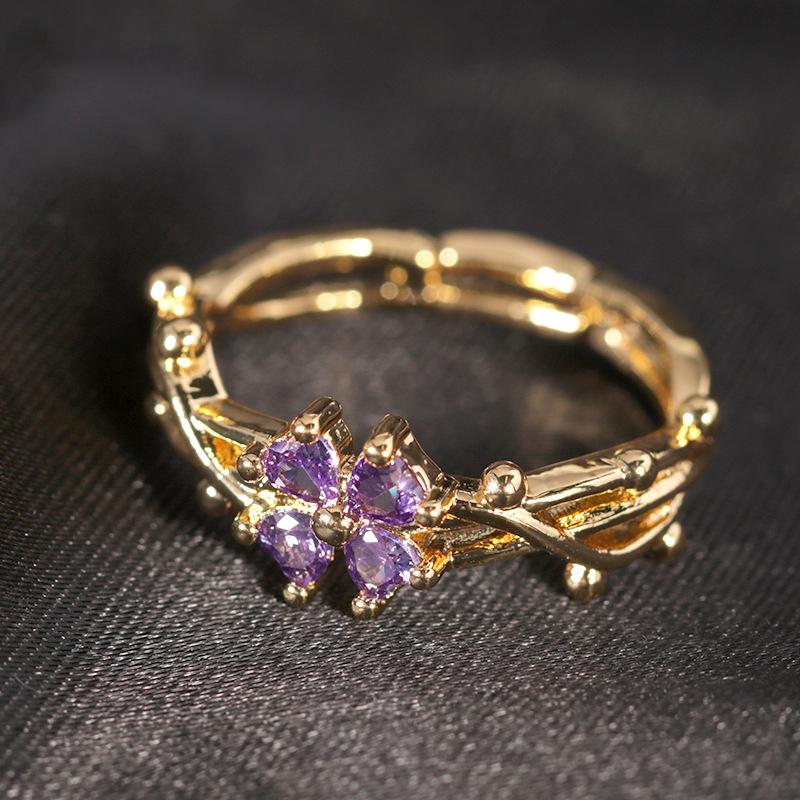 Fashionable Exquisite Niche Four Leaf Flower Design Finger Ring Classic Personalized Hollow Flower Adjustable Opening Ring