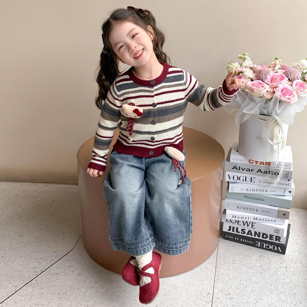Girls' Korean Striped Cardigan & Baby Jeans Autumn Set 2025