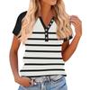 Women's Fashionable Casual V-neck Button-down Striped Print Short-sleeved Top For Summer