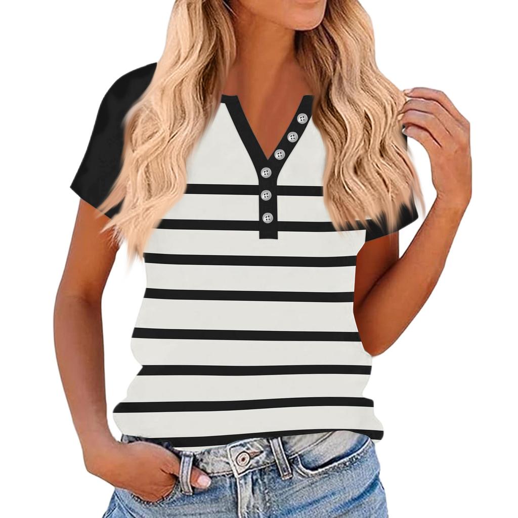 Women's Fashionable Casual V-neck Button-down Striped Print Short-sleeved Top For Summer