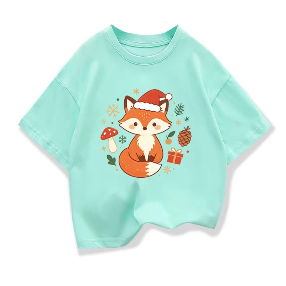 New Cute Cartoon Fox Printed Christmas Children's Gift T-shirt Summer Children's Short Sleeve Printed T-shirt Kids Tops Clothes