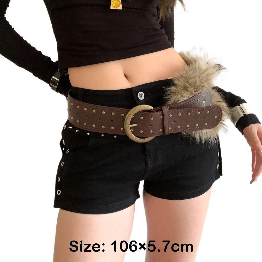 High Quality Retro Punk Belt Faux Fur Wide Women Belt Brown Rivet Fur Belt Women Waist Accessory