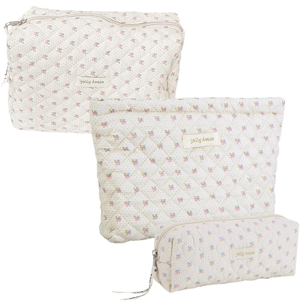 Women Padded Clutch with Zipper Quilted Cosmetic Pouch Cotton Floral Printed Large Capacity Female Girls Storage Bag Set