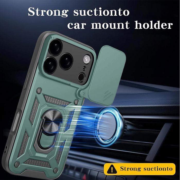 Coque pour iPhone 18 Pro, Antichoc avec Anneau et Protection Caméra Coulissante - Vert Nuit
