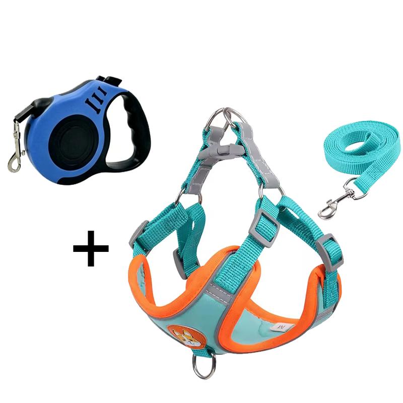 Small and Medium-sized Dogs and Cats Reflective Harness Set Harness Traction Rope Retractable Traction Rope Adjustable Harness (Blue,S) синий