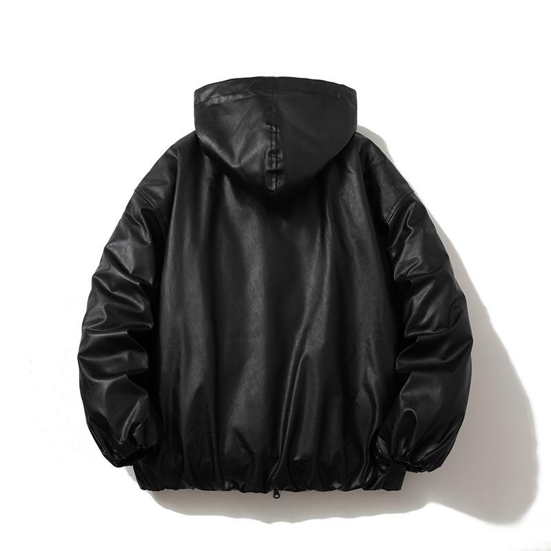 Mens Oversized Hooded Faux Leather Jacket Winter Warm Casual Streetwear Vintage Style