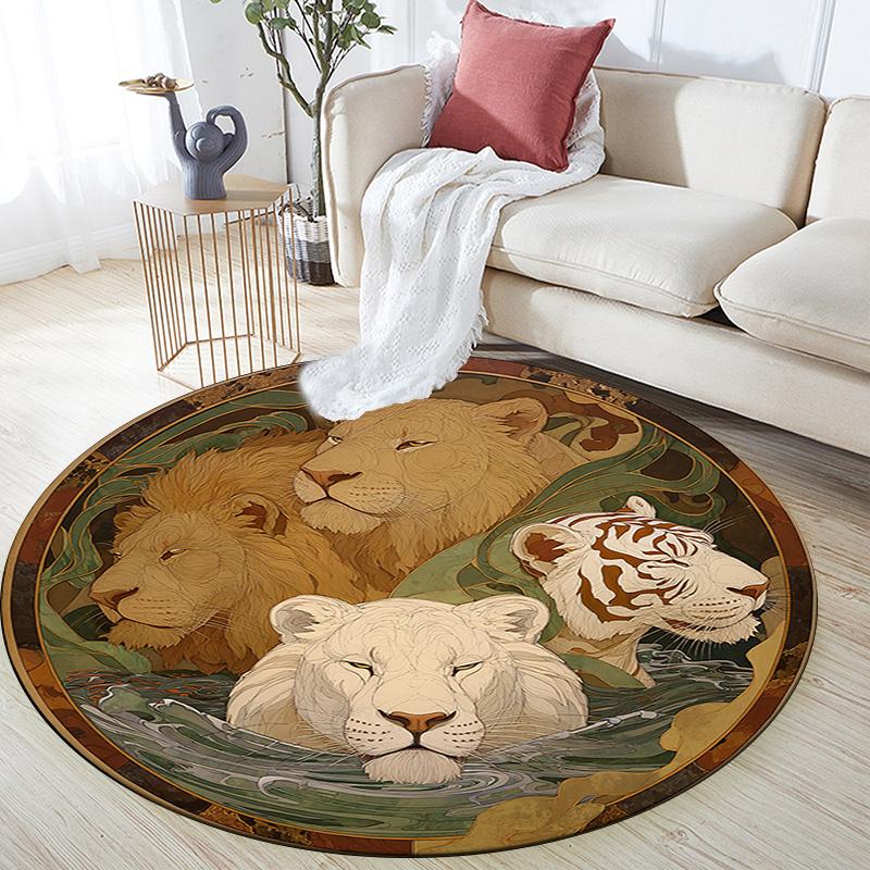 Lions Round Area Rug,Carpet Rug for Living Room Bedroom Sofa Playroom Decor,Non-slip Floor Mat