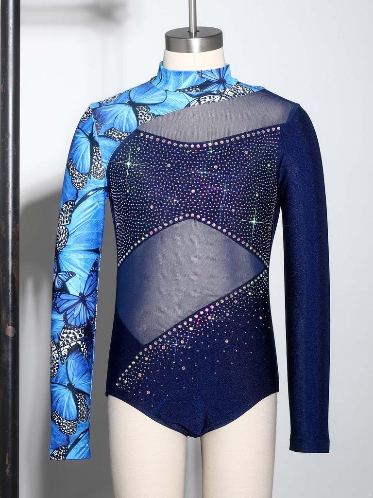 Kids Girls Performance Leotard: Long Sleeve Mock Neck with Mesh Patchwork & Butterfly Print Rhinestone Bodysuit Back Zipper