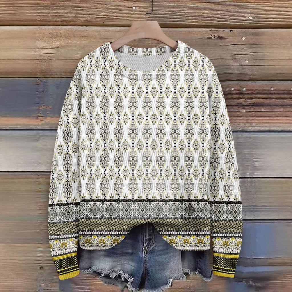 Long Sleeve Pullover Sweaters For Women O Neck Casual Cute Printing Knit Oversized Sweater